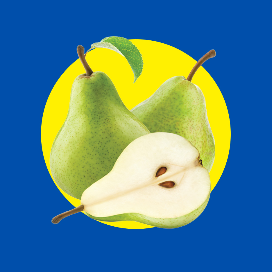 Zelene kruške, jedna prepolovljena, na žutom krugu i plavoj pozadini.
