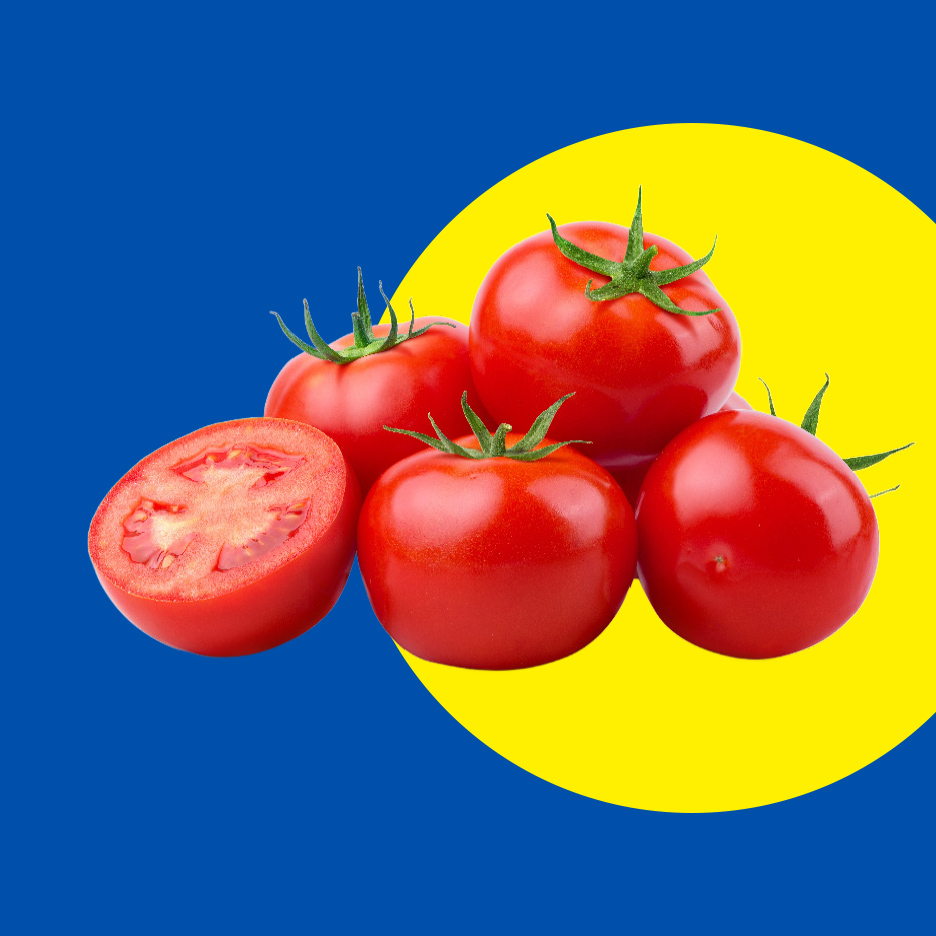 Sveži crveni paradajz, ceo i prepolovljen, na plavoj i žutoj pozadini.