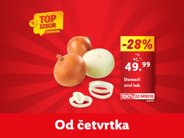 Domaći crni luk na akciji -28%, 49.99 dinara/kg.