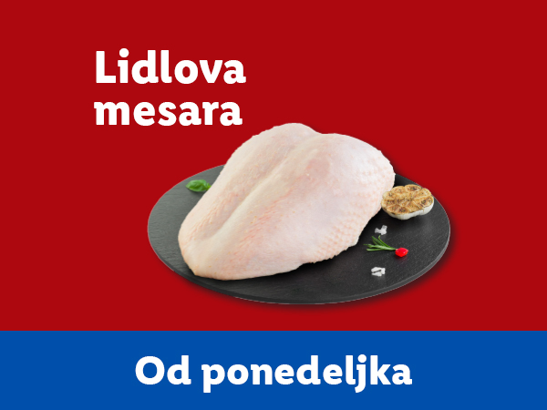 Lidlova mesara: sirovo pileće belo meso na crnoj ploči, sa belim tekstom na crvenoj pozadini.