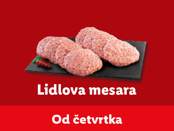 Lidl mesara: sirovi burgeri na crnoj ploči, sa tekstom „Od četvrtka“.
