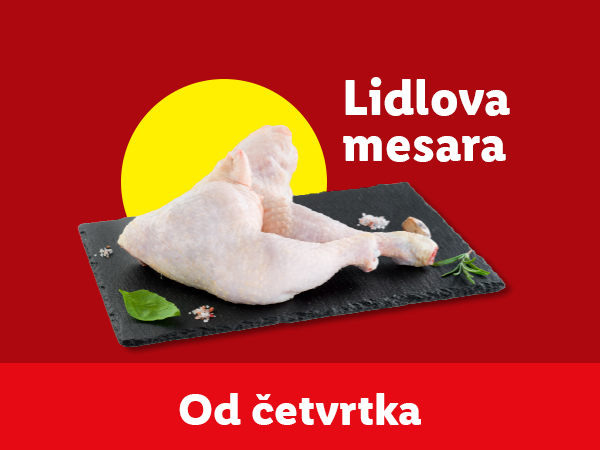 Sveži pileći bataci na crnoj ploči, sa natpisom 'Lidlova mesara' i 'Od četvrtka'.