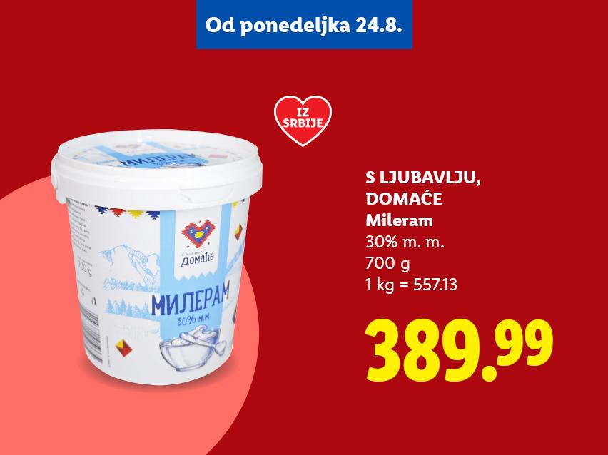 Beli mileram u pakovanju od 700g, sa naznakom „Iz Srbije“ i cenom 389.99.