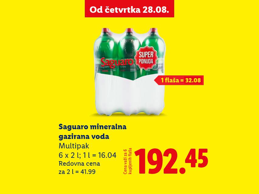 Saguaro mineralna voda u pakovanju od 6 boca, sa cenom i detaljima ponude.