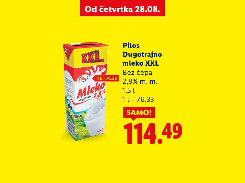Reklama za Pilos dugotrajno mleko XXL od 1,5 litara, sa cenom od 114.49.