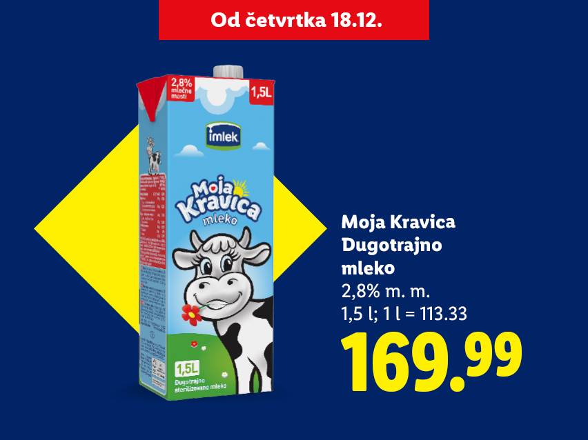 Moja Kravica dugotrajno mleko 2,8% m.m. 1,5L, cena 169.99 RSD.