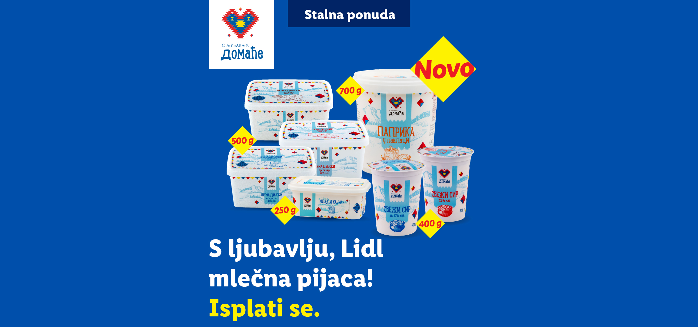 Deda i unuk uživaju u mlečnim proizvodima, uključujući sireve i kajmak, uz natpis 'Stalna ponuda' i 'Novo'.