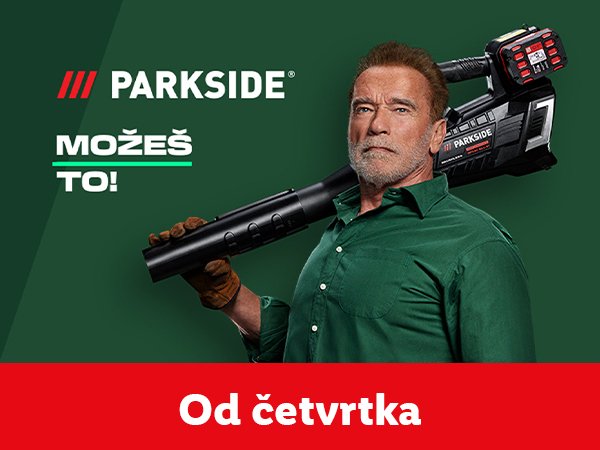 Arnold Švarceneger sa Parkside alatom za duvanje lišća i tekstom „Možeš to!“
