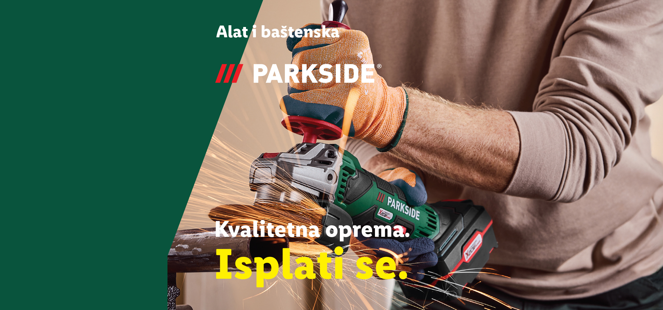 Parkside alat i baštenska oprema: udarna bušilica i setovi burgija, ugaona brusilica u upotrebi.