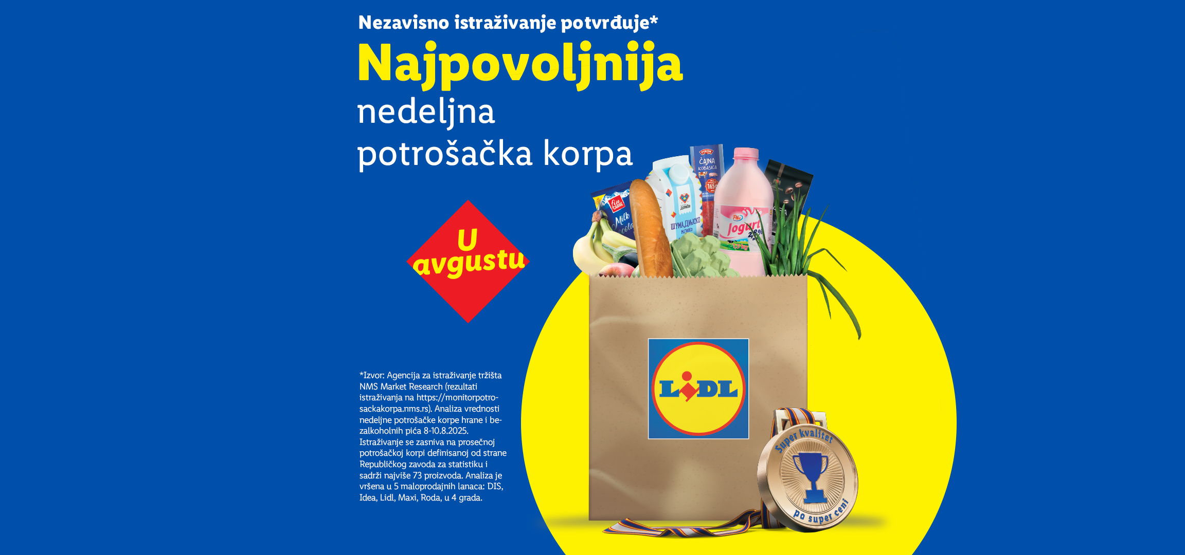 Lidl reklama sa namirnicama u kesi i medaljom, promovišući najpovoljniju potrošačku korpu u avgustu.