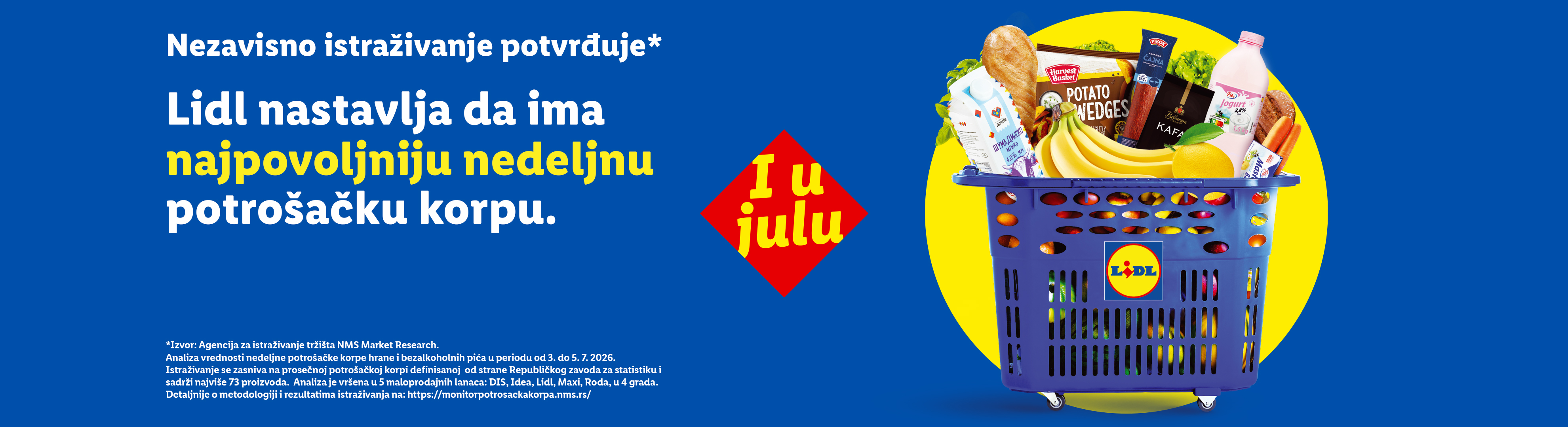 Lidl nastavlja da ima najpovoljniju nedeljnu potrošačku korpu i u julu, sa korpom punom namirnica poput mleka, jogurta, kafe, banana i krompira.