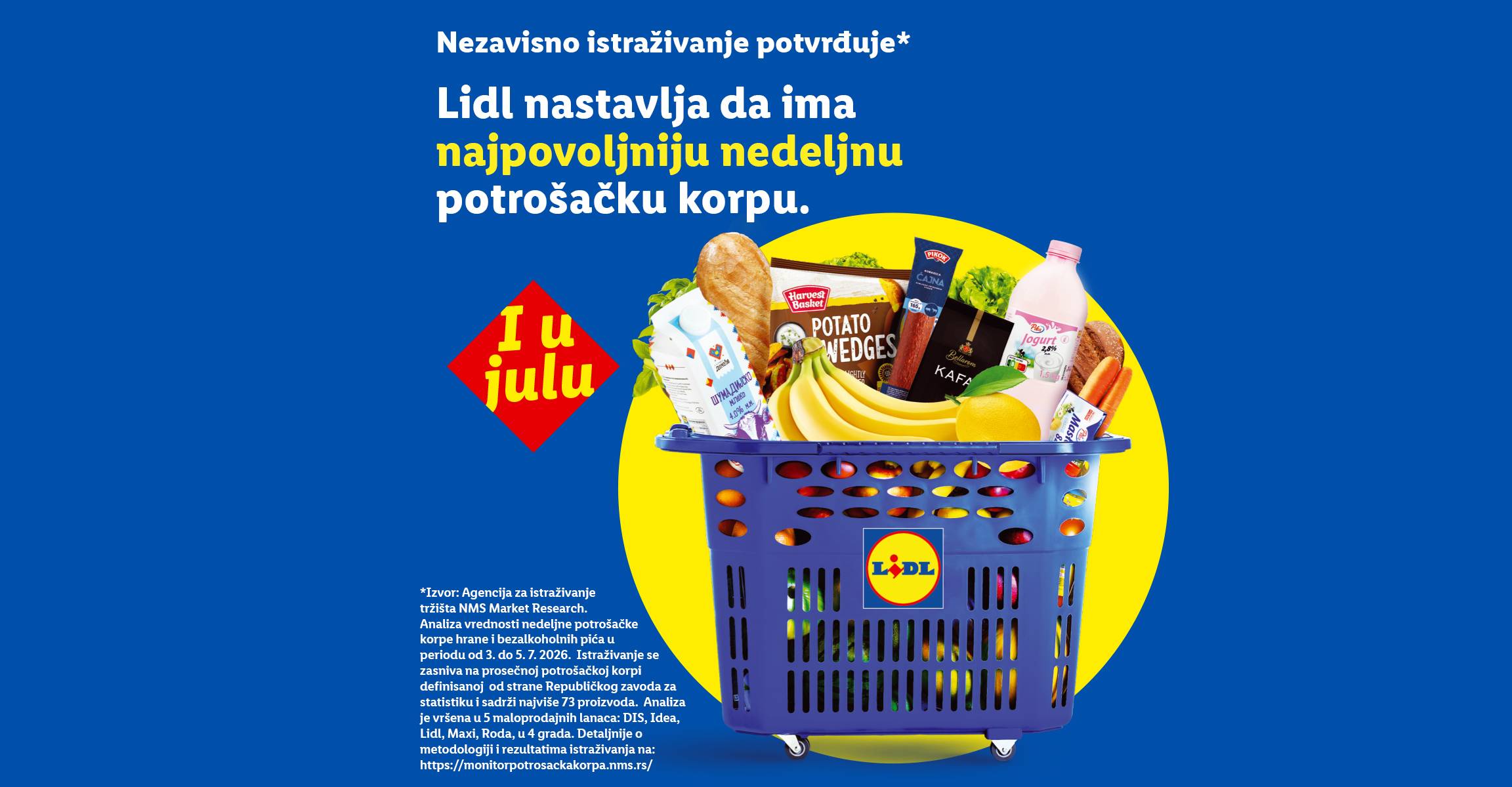 Lidl nastavlja da ima najpovoljniju nedeljnu potrošačku korpu i u julu, sa korpom punom namirnica poput mleka, jogurta, kafe, banana i krompira.