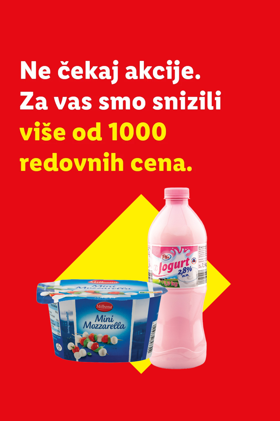 Reklama za Lidl sa jogurtom i mini mocarelom, sa tekstom o sniženim cenama.