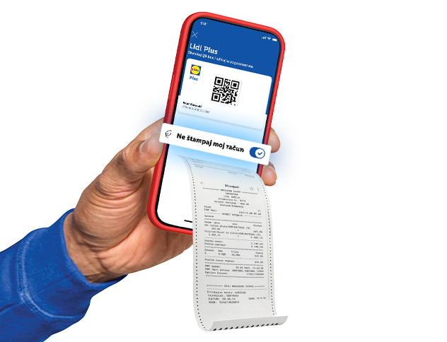 Ruka drži pametni telefon sa aplikacijom za kupovinu i digitalnim računom.