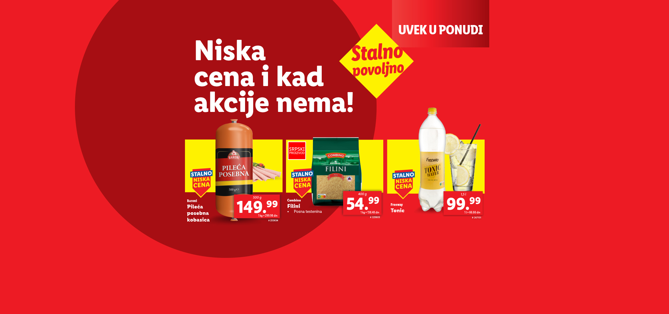 Stalno niske cene: Baroni pileća kobasica, Filini testenina i Freeway Tonic.