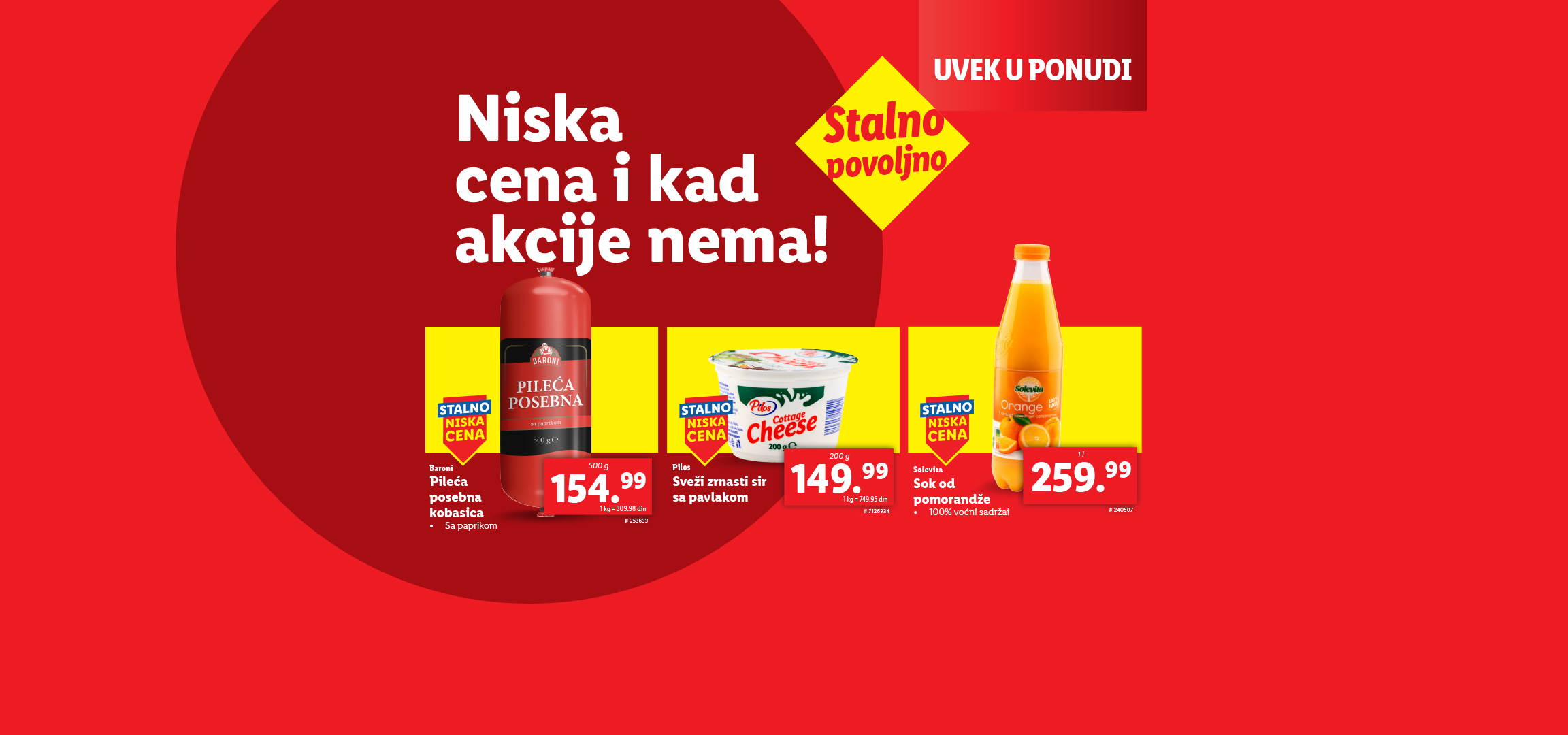 Baroni pileća kobasica, Pilos sveži sir i Solevita sok od pomorandže po stalno niskim cenama.