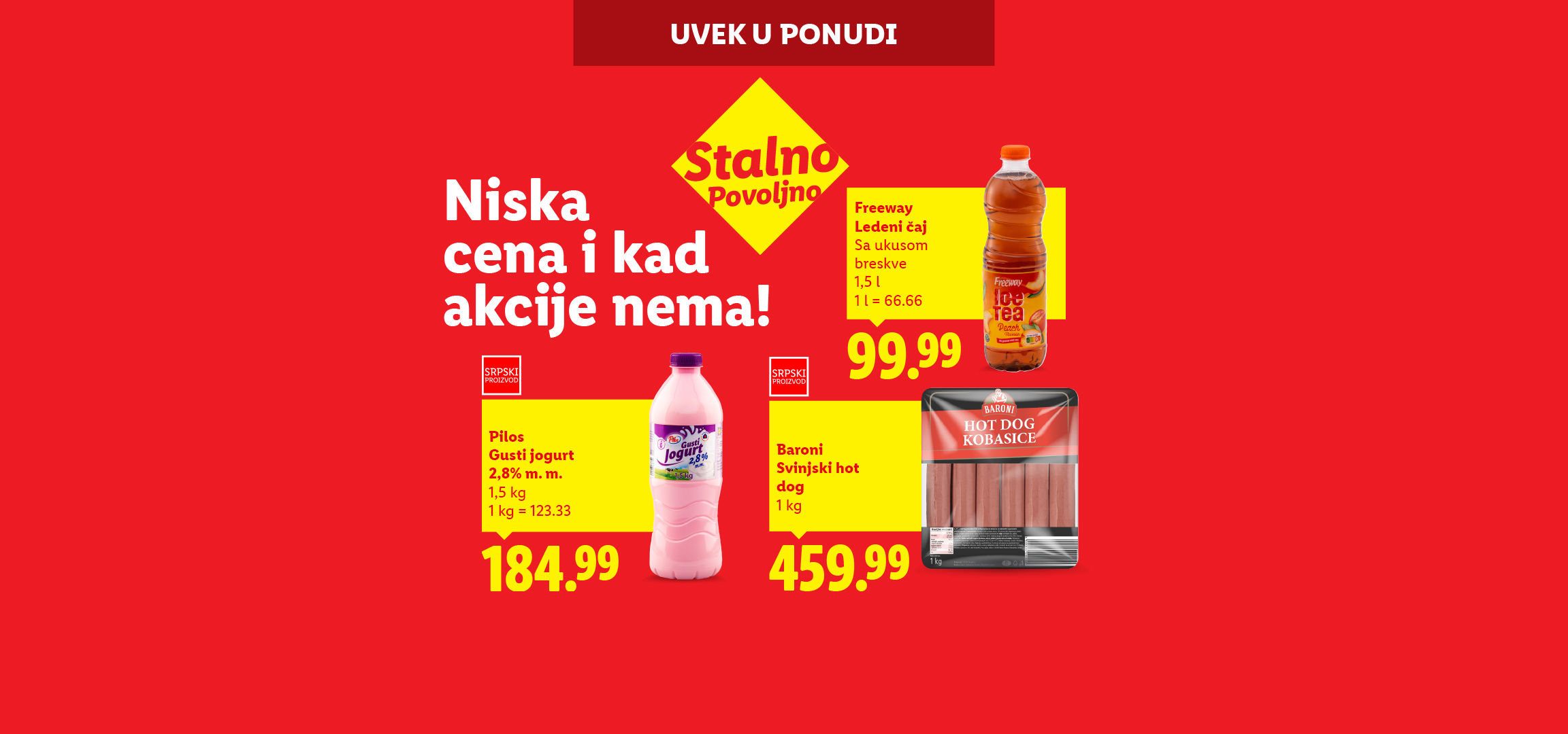 Akcija u supermarketu: Pilos jogurt, Baroni kobasice i Freeway ledeni čaj po niskim cenama.