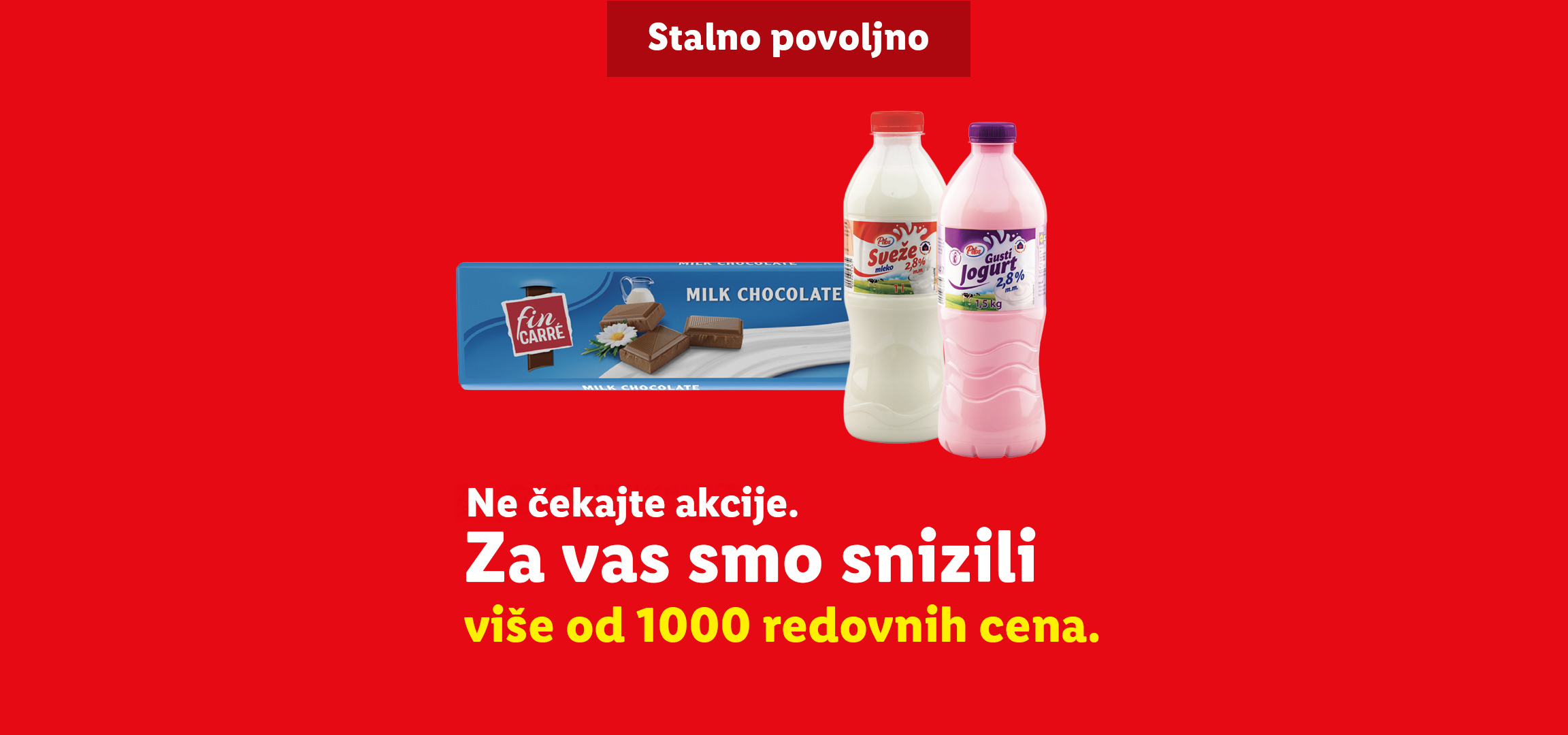 Lidl akcija sa mlekom, jogurtom i čokoladom, uz poruku „Stalno povoljno“.