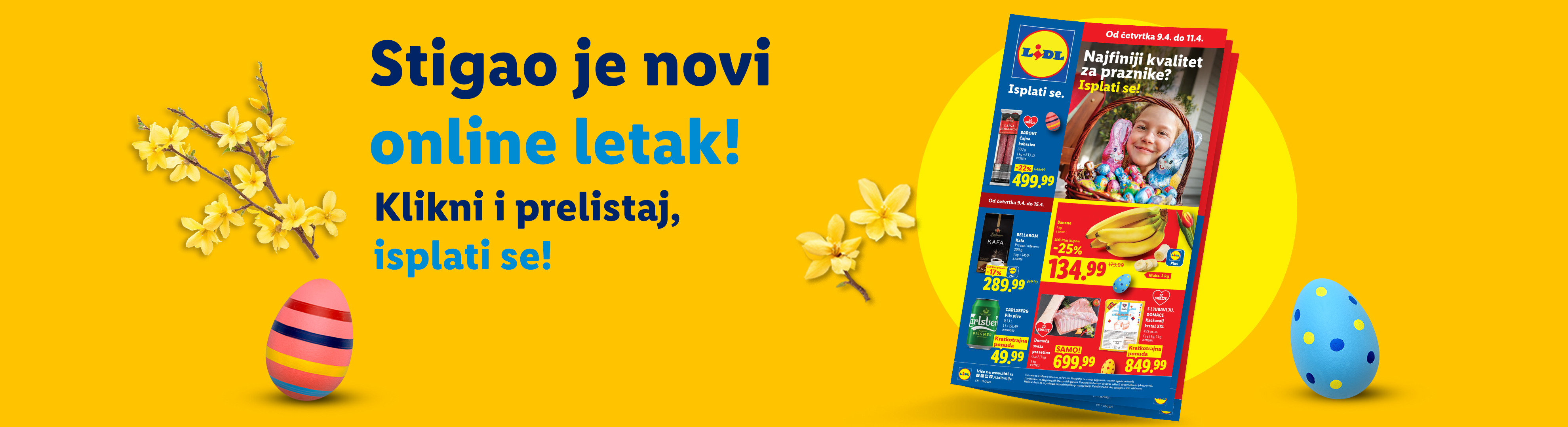 Lidl letak za Uskrs sa ponudama za kobasice, kafu, banane, pivo i sveže meso.