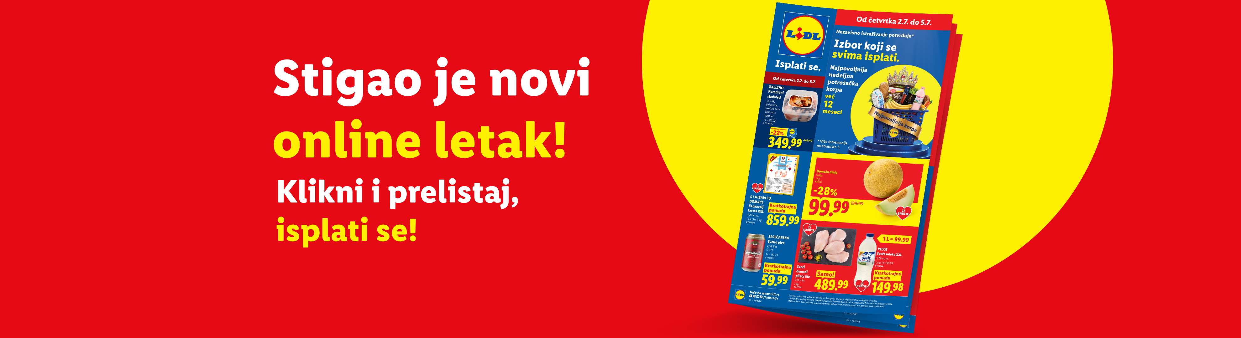Lidl online letak sa porodičnim sladoledom, dinjom, pilećim fileom i mlekom, uz poruku „Stigao je novi online letak! Klikni i prelistaj, isplati se!“