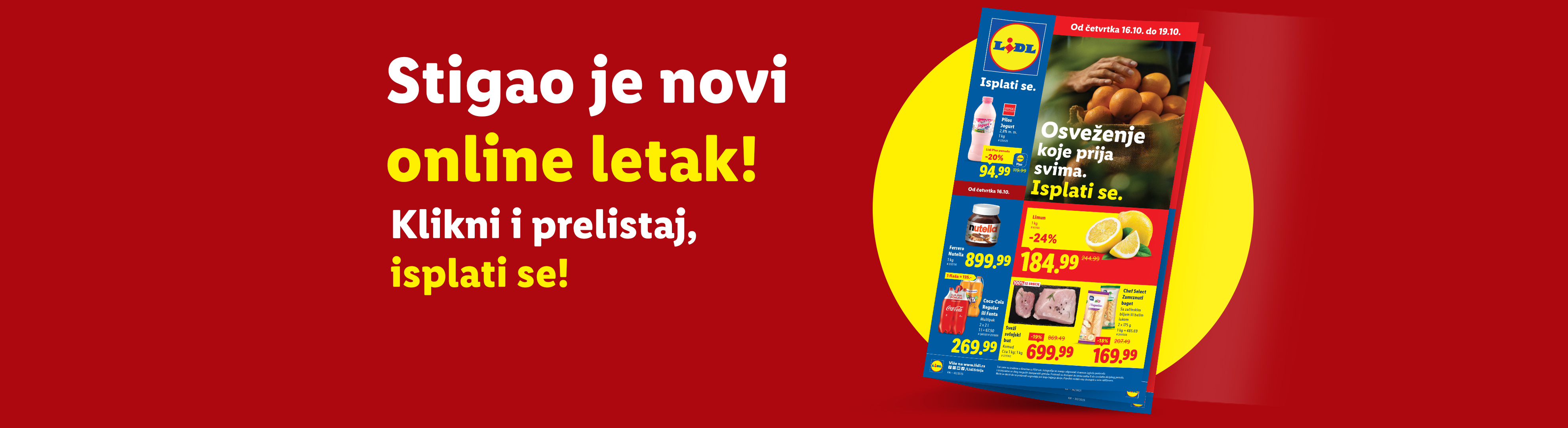 Lidl letak sa ponudama za Nutellu, limun, Coca-Colu i sveži svinjski but, uz poziv na pregled novog online letka.