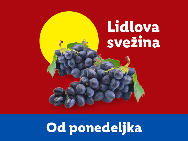 Lidlova svežina: grožđe na crvenoj pozadini, sa natpisom 'Od ponedeljka'.
