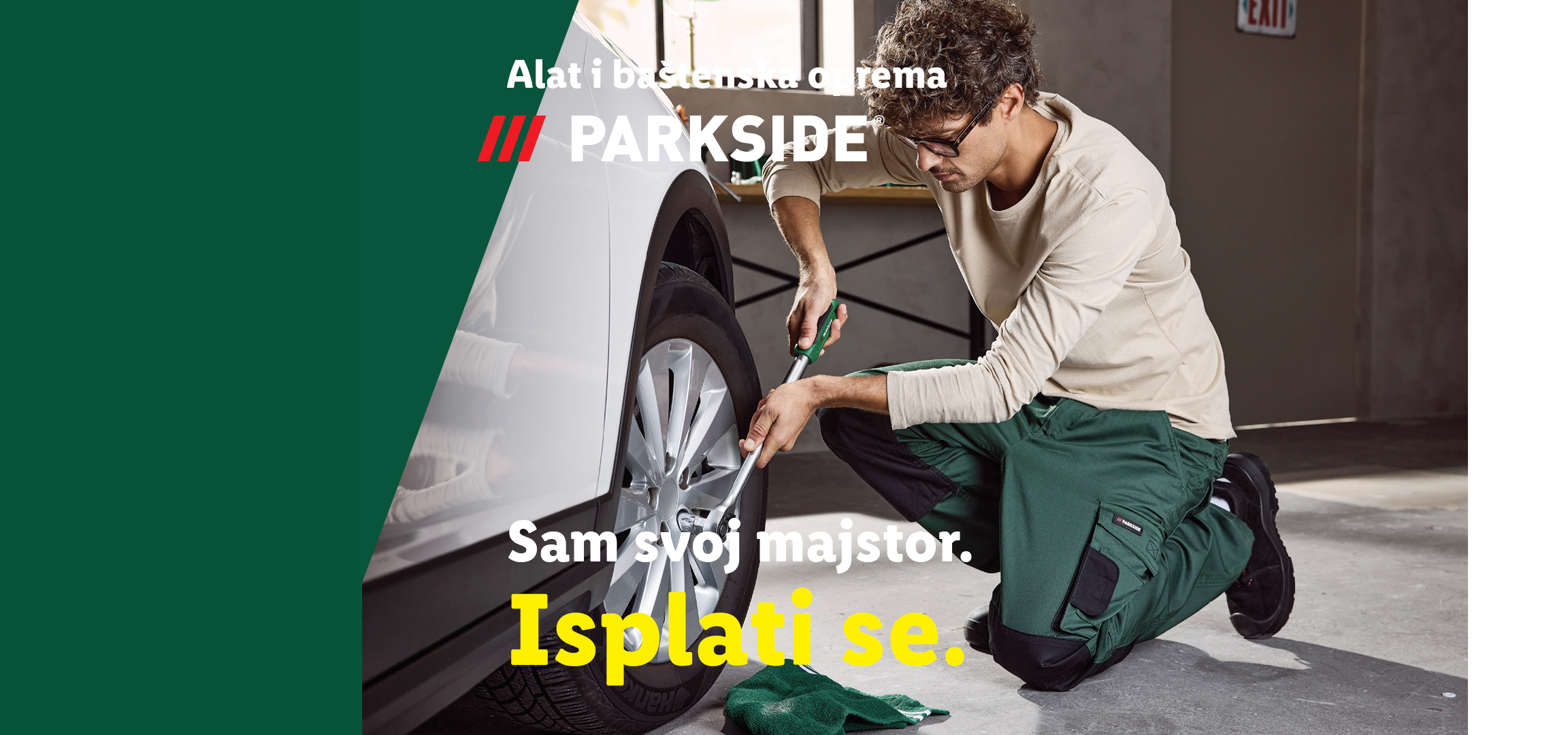 Muškarac menja gumu, alati i baštenska oprema. Tekst: 'Alat i baštenska oprema. Sam svoj majstor. Isplati se.'