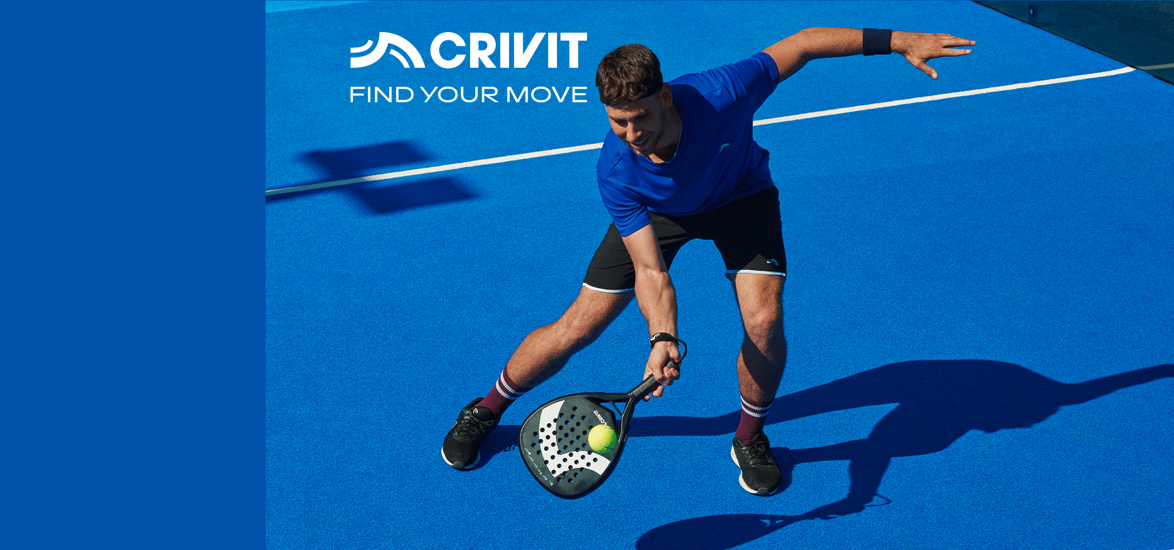 Muškarac i žena igraju padel, prikazujući rekete i sportsku odeću. Tekst: FIND YOUR MOVE.
