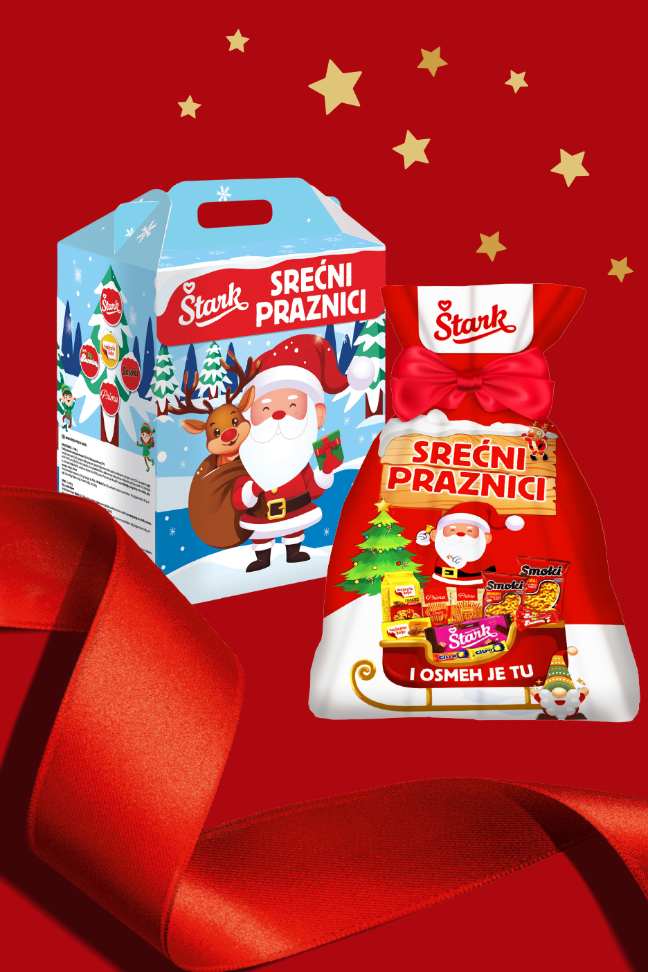 Štark praznični paketići sa Deda Mrazom i irvasom, puni slatkiša i grickalica.