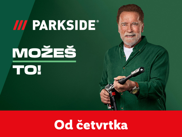 Arnold Švarceneger drži Parkside alat, sa tekstom „MOŽEŠ TO!“ i „Od četvrtka“.