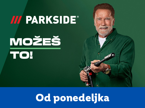 Arnold Švarceneger drži Parkside alat, sa tekstom „MOŽEŠ TO!“ i „Od ponedeljka“.