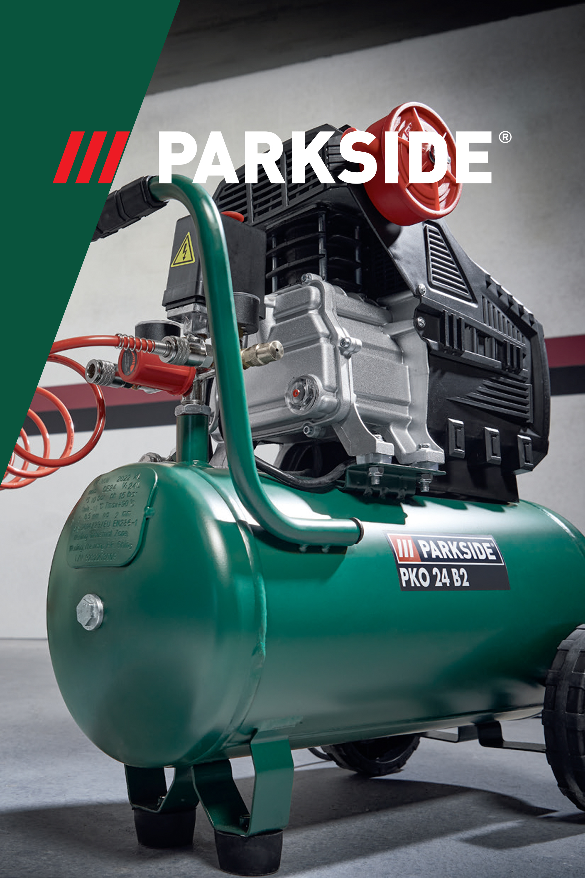 Zeleni kompresor za vazduh sa crvenim i crnim detaljima, sa natpisom PKO 24 B2.