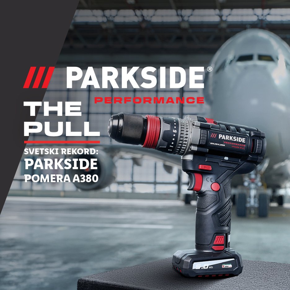 Akumulatorska bušilica-odvrtač sa natpisom „THE PULL“ i „SVETSKI REKORD: POMERA A380“.