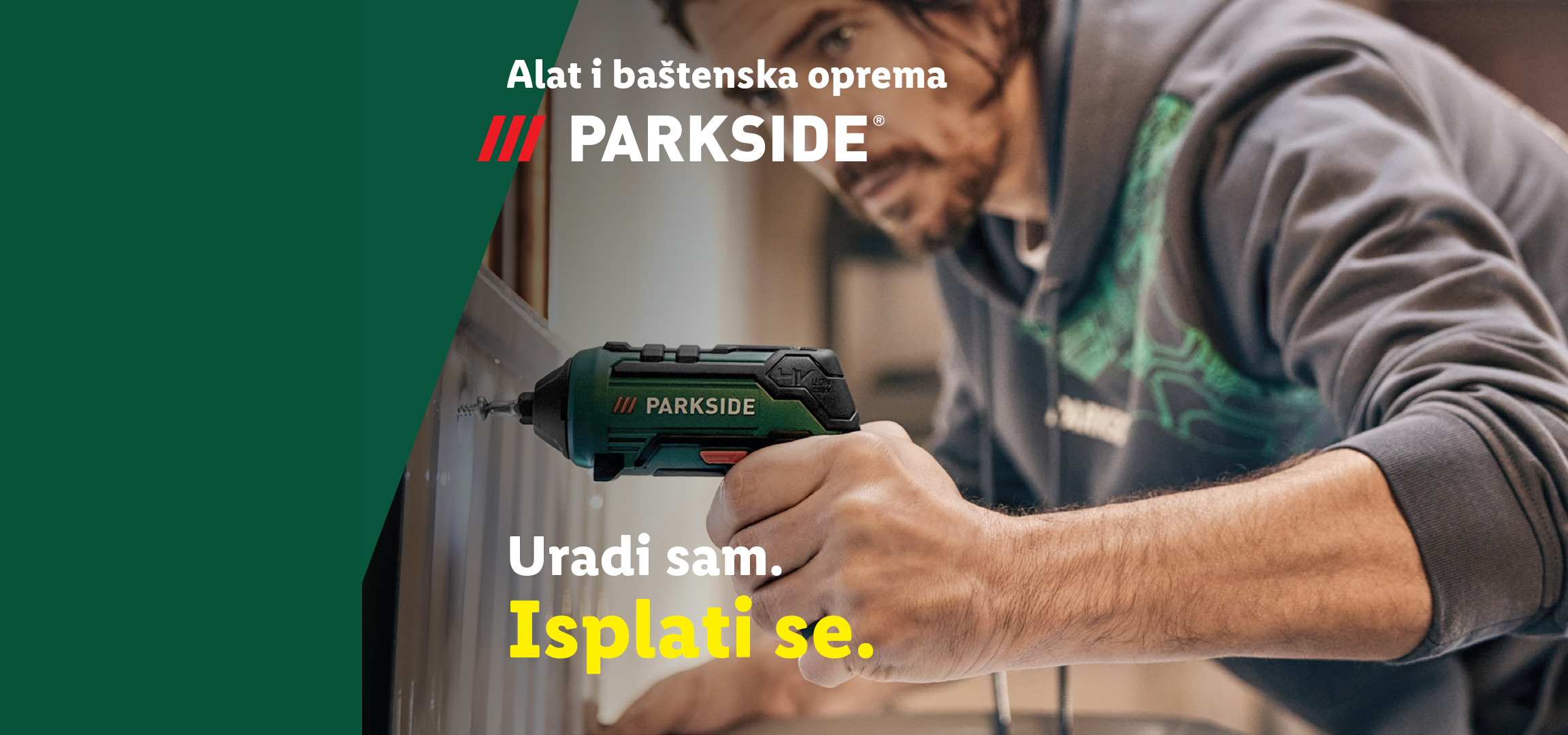 Muškarac koristi pištolj za farbanje, pored kutije sa alatom i naslovom „Uradi sam. Isplati se.“