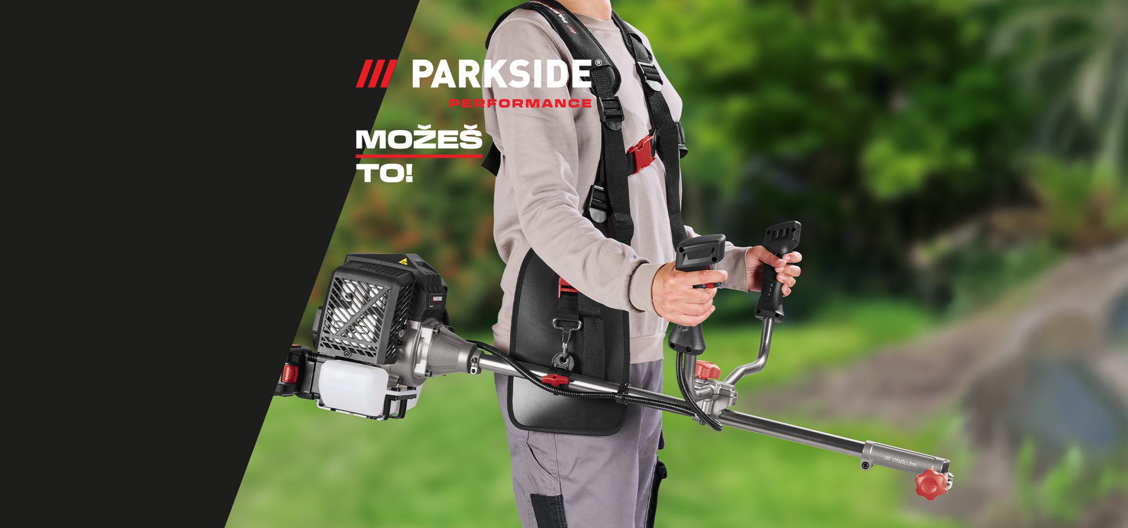 Osoba koristi trimer za travu i duvač lišća, sa tekstom 'MOŽEŠ TO!'.