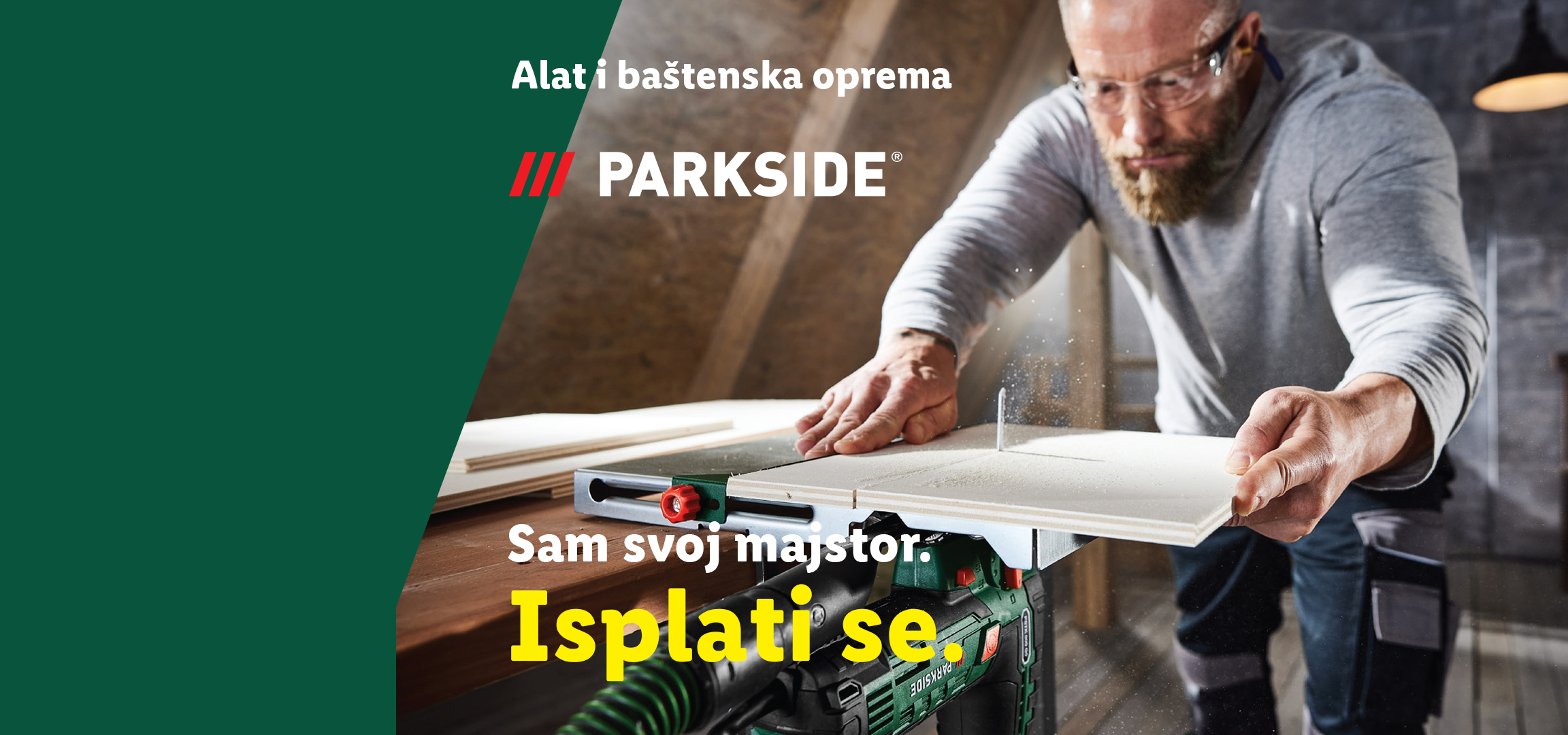 PARKSIDE alati i baštenska oprema: čovek seče drvo, brusilica i pribor.