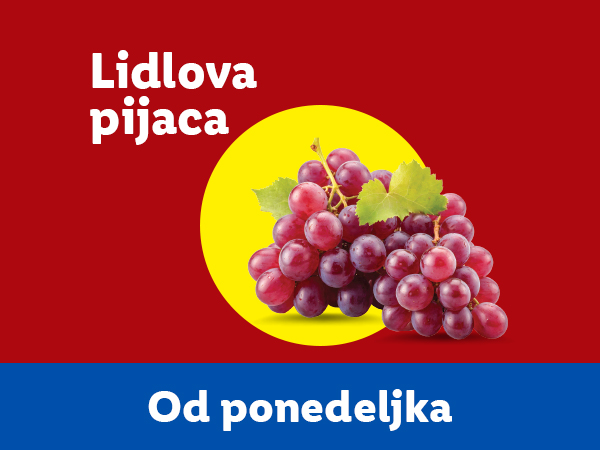 Crveno grožđe na žutom krugu sa natpisom 'Lidlovo pijaca' i 'Od ponedeljka'.