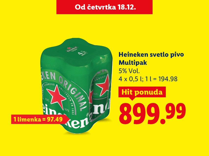 Heineken svetlo pivo multipak, 4x0,5l, 5% Vol., cena 899.99 RSD.