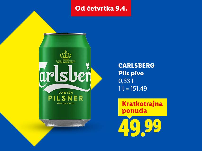 Reklama za pivo u konzervi, sa cenom i informacijama o zapremini.