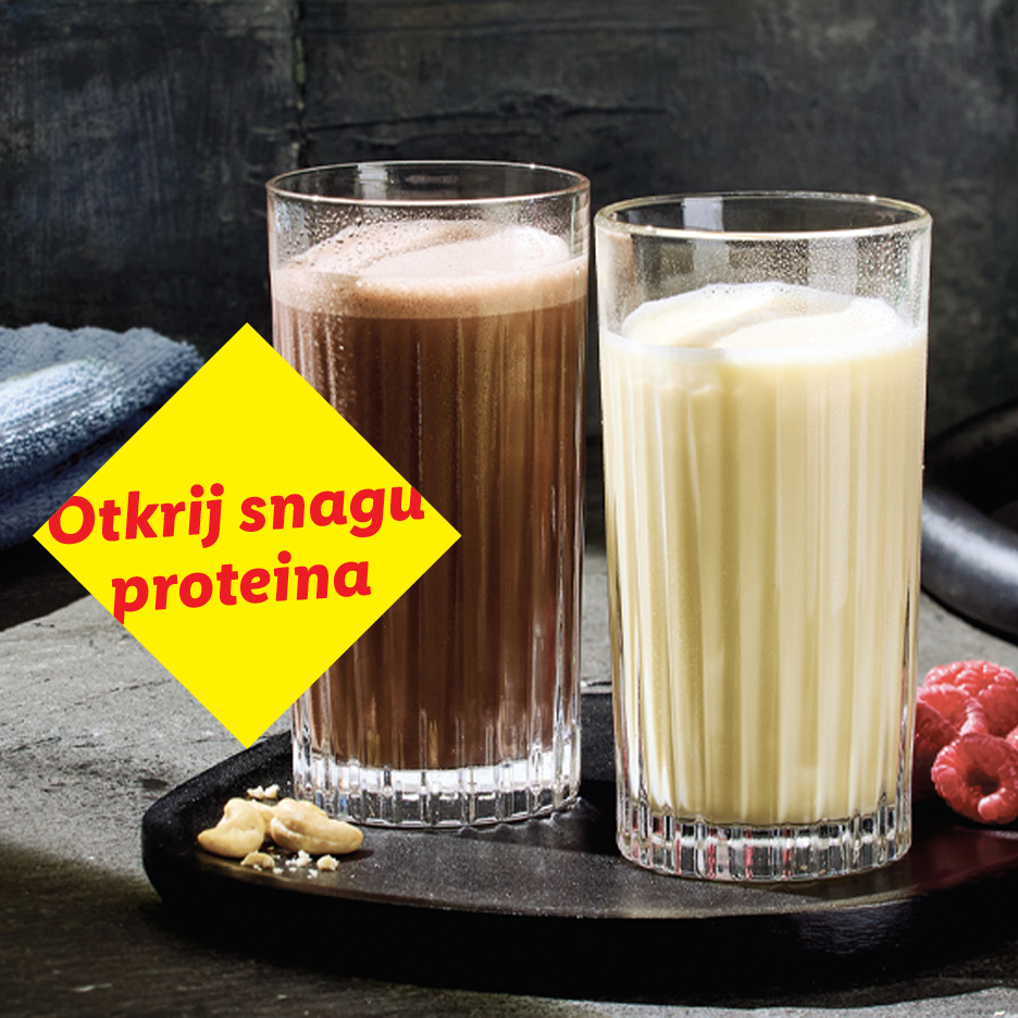 Dva proteinska šejka, čokoladni i vanila, sa natpisom 'Otkrij snagu proteina'.