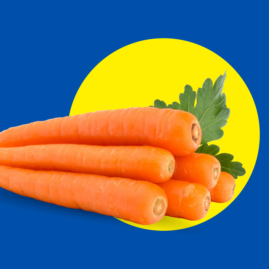 Šargarepe sa zelenim lišćem na plavoj pozadini sa žutim krugom.