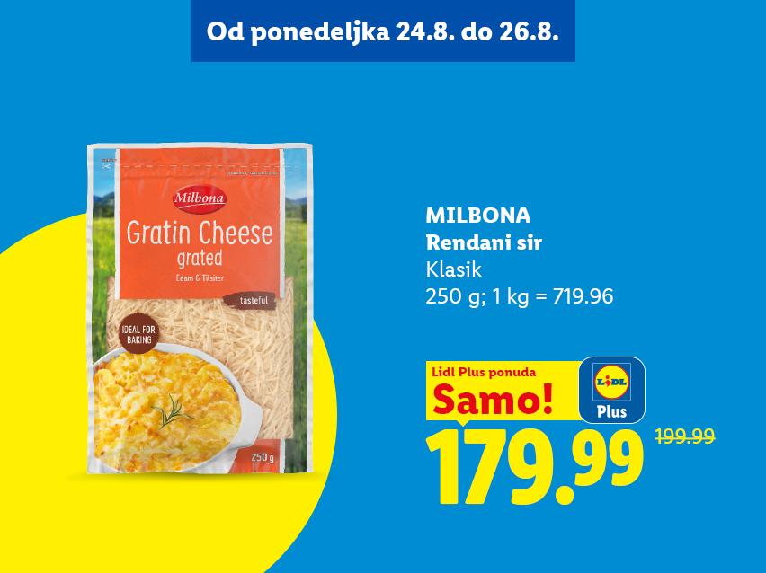Pakovanje rendanog sira za gratiniranje, sa cenom od 179.99 dinara, sniženo sa 199.99 dinara.