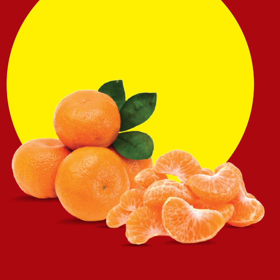 Sveže mandarine sa listovima i oljuštene kriške na crvenoj pozadini sa žutim krugom.