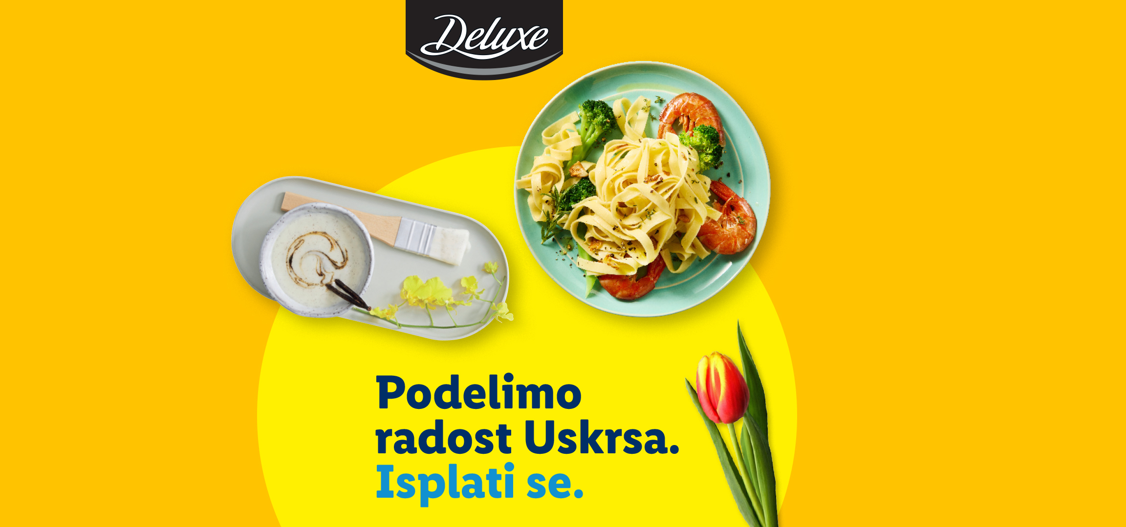 Praznična trpeza sa testeninom, škampima, pršutom i krompirom, uz tekst: 'Podelimo radost Uskrsa. Isplati se.'