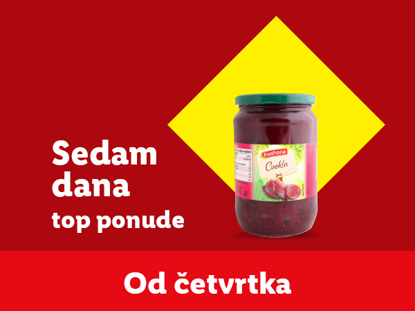 Tegla cvekle Freshona na crvenoj pozadini sa žutim rombom i tekstom o ponudi.