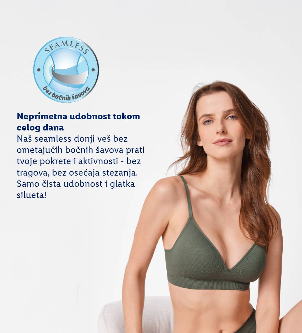 Žena u zelenom bešavnom grudnjaku sa tekstom o udobnosti.