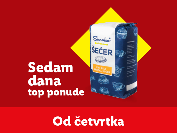 Pakovanje šećera Sunoko na crvenoj pozadini sa žutim kvadratom i tekstom.