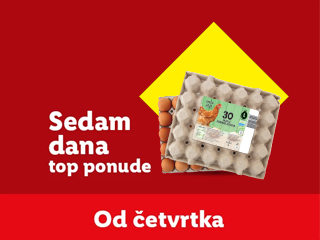 Dva pakovanja jaja u kartonskim kutijama na crvenoj pozadini sa žutim rombom.