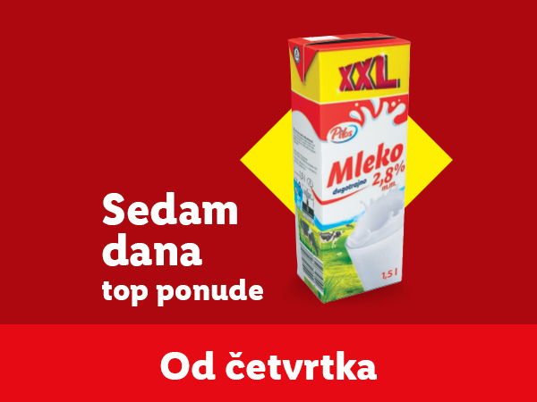 Reklama za mleko sa natpisom 'Sedam dana top ponude' i 'Od četvrtka'.