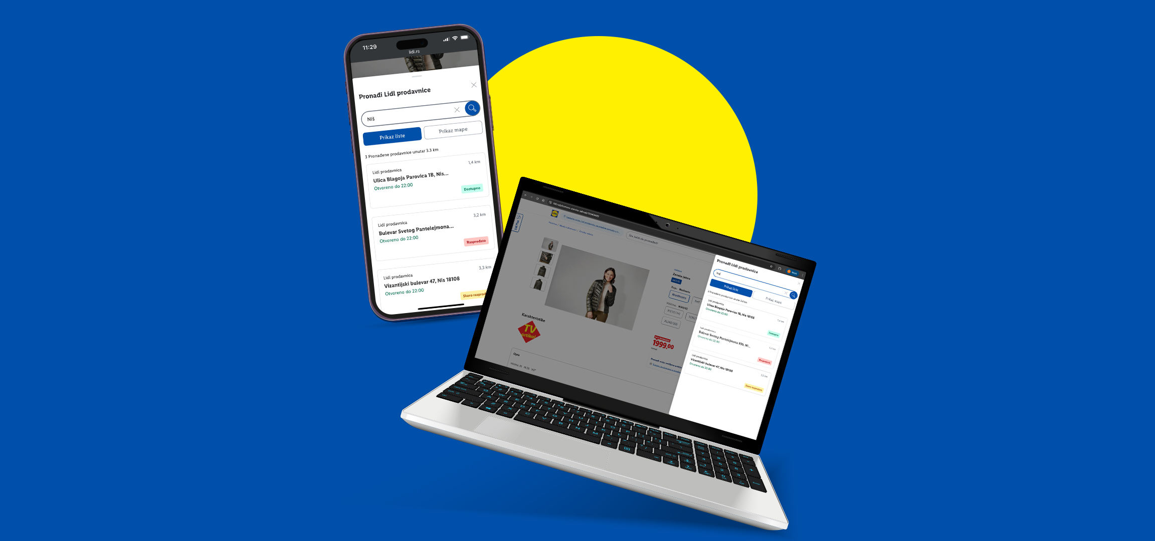 Mobilna aplikacija i veb-sajt Lidl prodavnice prikazuju dostupnost proizvoda i lokacije.